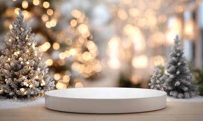 Round White Pedestal Stage for Product Display with Miniature Pine Trees and Bokeh Lights
