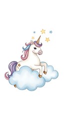 A whimsical illustration depicts a white unicorn with a golden horn, floating on fluffy clouds. Stars are scattered