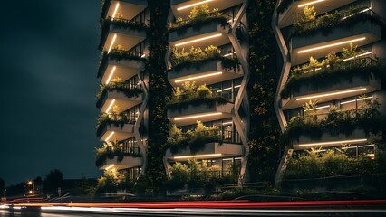 Illuminated vertical gardens adorn a modern uniquely shaped skyscraper at night