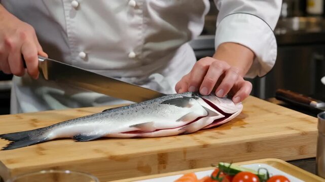 Chef skillfully filleting a fresh fish on a wooden cutting board with vibrant vegetables nearby
