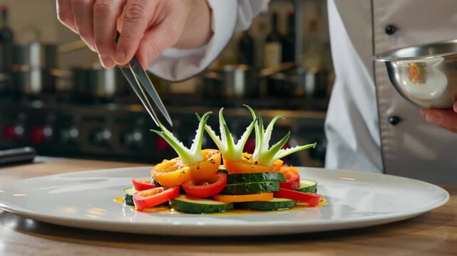 A chef meticulously plating a colorful vegetable dish with precision utensils in a professional kitchen setting
