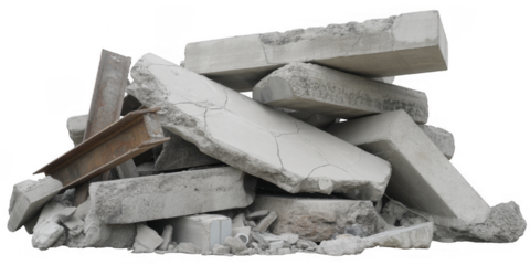 Pile of broken concrete rubble debris isolated on a transparent background