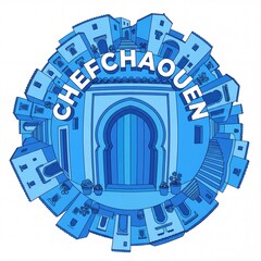 Obraz premium Chefchaouen Blue City Illustration with Traditional Moroccan Architecture and Arched Doorway
