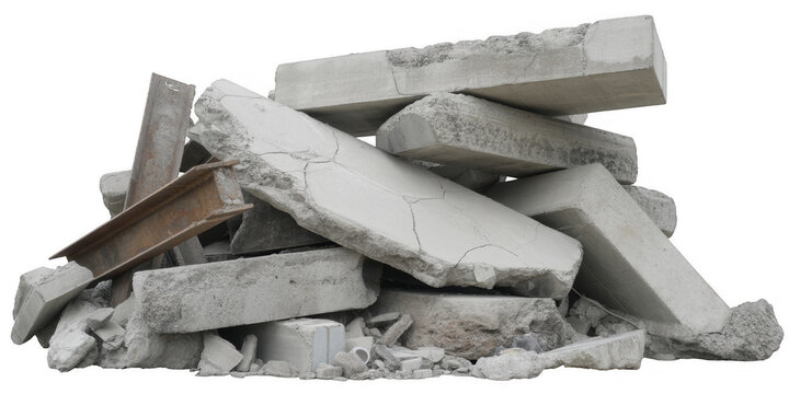 Pile of broken concrete rubble debris isolated on a transparent background