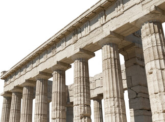 Row of ancient Greek temple columns featuring fluted Doric style shafts and weathered stone entablature details under bright sunlight transparent background Architecture Ruin Classical