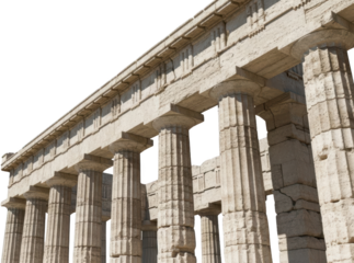 Row of ancient Greek temple columns featuring fluted Doric style shafts and weathered stone entablature details under bright sunlight transparent background Architecture Ruin Classical