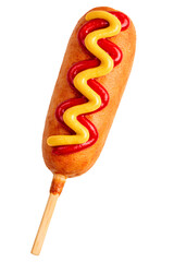 classic golden corn dog on wooden stick with ketchup and mustard isolated on transparent background for fast food and street food concepts