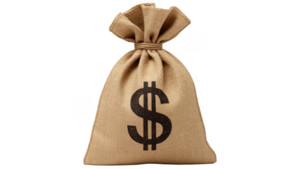 Money bag with dollar sign on burlap sack isolated isolated on a transparent background