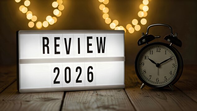 Q4 business year end review 2025 2026 for the new year reflection and planning, q4 business year end review 2026 and 2025 with clock and lightbox creating hopeful mood
