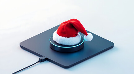 Smart home hub holiday decoration with Santa hat glowing ring festive cozy voice assistant device