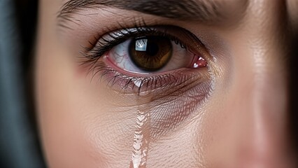 A close-up view of a human eye with tears streaming down the face, capturing a moment of intense emotion