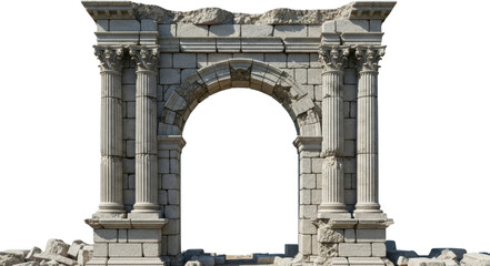 Weathered Ancient Stone Triumphal Arch Structure With Corinthian Columns And Crumbling Masonry Featuring A Central Rounded Doorway Opening Isolated On A Transparent Background Ruins Architectural