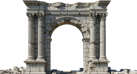 Weathered Ancient Stone Triumphal Arch Structure With Corinthian Columns And Crumbling Masonry Featuring A Central Rounded Doorway Opening Isolated On A Transparent Background Ruins Architectural