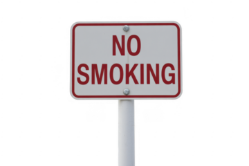 No smoking sign on a white post white sign red letters isolated on a transparent background