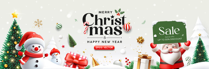 Merry christmas and happy new year sale present, christmas ornaments poster banner design on white background