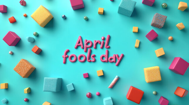 Card with April fools day with various colored cubes around, turquoise background