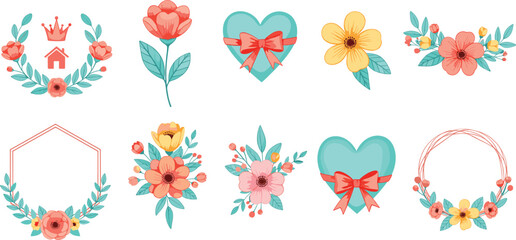 Elegant floral wreath and heart frames vector illustration set with pastel flowers leaves and romantic decorative elements