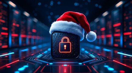 Cybersecurity lock with glowing keyhole wearing Santa hat in futuristic server room, festive secure data protection mood