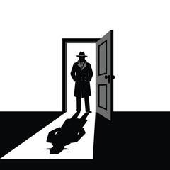 Mysterious Detective Silhouette Standing in Open Doorway with Long Shadow &ndash; Noir Style Illustration