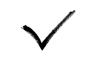 Hand-drawn black brush check mark. Bold, expressive tick symbol with artistic texture.