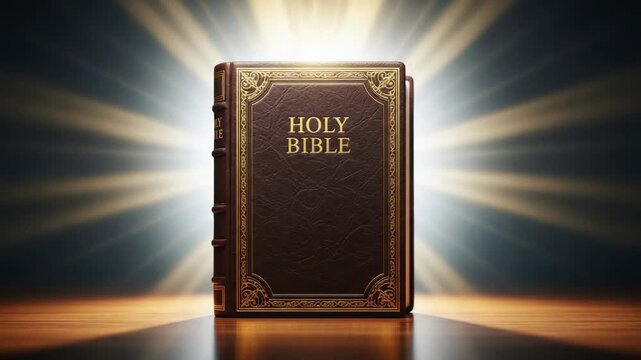 Holy Bible standing upright on a wooden surface, glowing rays shining from behind. Spiritual Christian symbol.