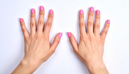 Manos femeninas abiertas vistas desde arriba sobre fondo blanco, con u&ntilde;as pintadas de color rosa, concepto de cuidado personal, belleza y est&eacute;tica para marcas de belleza, cosm&eacute;tica y manicura