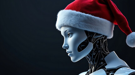 Futuristic robotic head in profile wearing red Santa hat, metallic faceplate and exposed mechanical neck conveying festive technological wonder