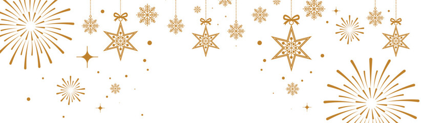 Festive golden Christmas and New Year background with hanging star ornaments, snowflakes and fireworks on white, elegant holiday banner for seasonal greetings, invitations and celebrations.