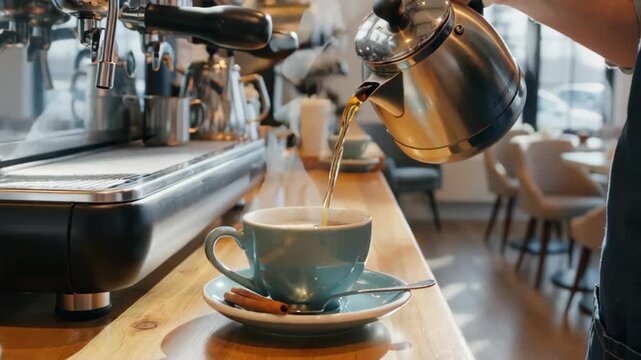 A close-up of a hand pouring hot coffee from a kettle into a teal cup with a saucer on a wooden counter in a contemporary caf&eacute; setting