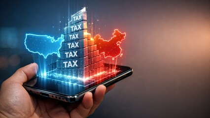 Import Tariffs policy impact concept. Digital tax concept emerging from a smartphone with global maps.