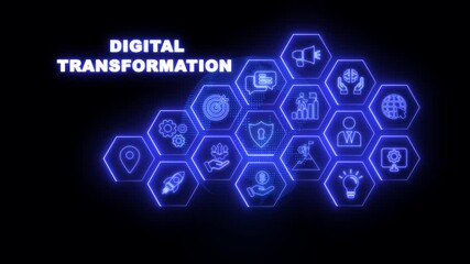 Glowing neon line animated digital transformation icon isolated on transparent background. Digital transformation, Concept of digitization of business processes and modern technology, social media. 4K - Powered by Adobe