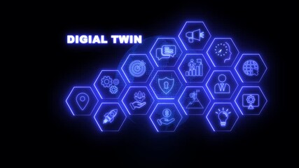 Glowing neon line animated digital twin icon isolated on transparent background. Digital twin technology transforming industries with global connectivity and innovation, social media network icon. 4K