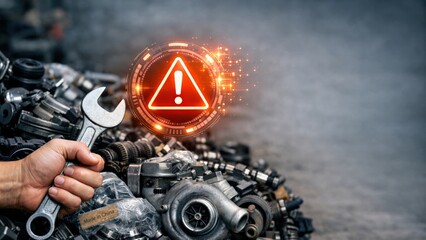 Import Tariffs policy impact concept. Hand holding a wrench above a pile of mechanical parts with a warning icon.