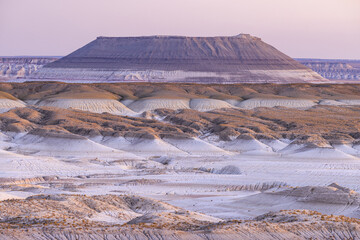 View of the stark, yet beautiful, desert landscape with its contrasting layers and textures under a soft, pastel sky, Senek, Mangystau Region, Kazakhstan.