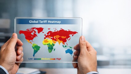 Import Tariffs policy impact concept. Global tariff heatmap displayed on a digital tablet held by hands.