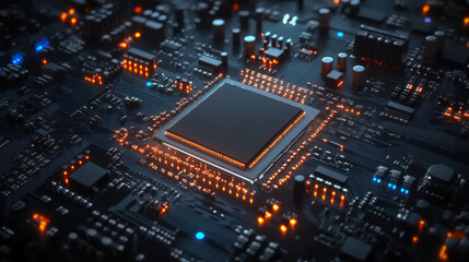Glowing computer chip and CPU motherboard technology circuit board