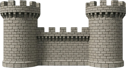 Stone castle wall section featuring two prominent round towers connected by a crenellated battlement structure showing weathered gray rectangular block masonry construction Fortress