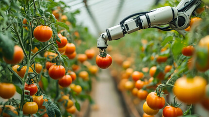 Advanced robotic arm picking tomatoes in high-tech greenhouse