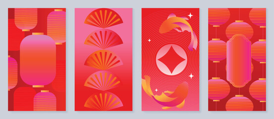 Happy Chinese New Year vector background set with lantern, folding fan and abstract fish on red pink gradient. Festive holiday design for banners, posters, invitations and packaging.