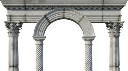 Detailed stone Romanesque archway structure featuring two ornate Corinthian columns flanking two smaller twisted fluted columns supporting an elaborate weathered entablature Architecture