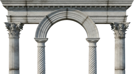 Detailed stone Romanesque archway structure featuring two ornate Corinthian columns flanking two smaller twisted fluted columns supporting an elaborate weathered entablature Architecture
