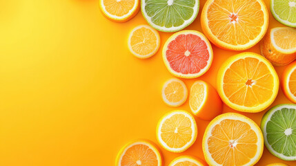 Colorful pattern of citrus fruit slices and mint leaves isolated on white background. Top view, flat lay