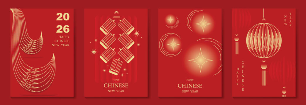 Happy Chinese New Year vector red and gold greeting card set with lantern tassel knot and traditional ornaments. Festive holiday design for invitations banners posters and packaging.