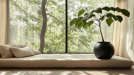 Modern luxury living room with beautiful bedroom and glass window and unique flower pot