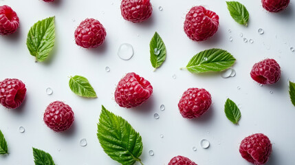 ripe raspberry with green leaf isolated on white background