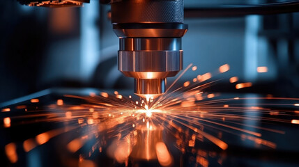 CNC laser cutting machine working with sheet metal with orange sparks at factory