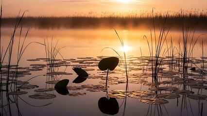 Serene sunset over calm lake with lily pads and reeds at dawn