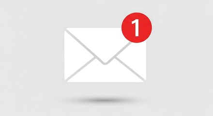 A white, closed envelope sits against a light gray background, indicating an email. A red circle displays a "1", signifying a new message