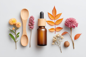 Natural herbal remedy with flowers and wooden spoons