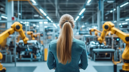 Car Factory Office Successful Female  Engineer  Automated Robot Arm Assembly Line Manufacturing